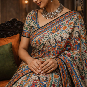 Pureweft Tassar Ghicha Silk Madhubani Hand Painted Saree