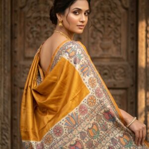Pureweft Desi Kosa Silk Saree with Madhubani Hand Painting