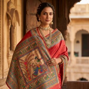 Pureweft Desi Kosa Silk Saree with Madhubani Hand Painting