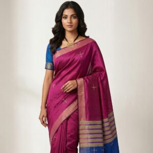 Pureweft Premium Dupion & Mulberry Silk Pink Blue Saree