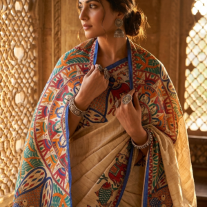 Pureweft Tassar Ghicha Silk Madhubani Hand Painted Saree