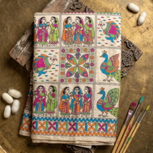 Pureweft Tassar Ghicha Silk Madhubani Hand Painted Saree