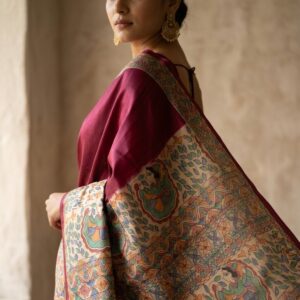 Pureweft Desi Kosa Silk Saree with Madhubani Hand Painting